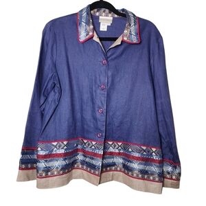 Coldwater Creek blouse linen boho blouse size M blue, red, and gold